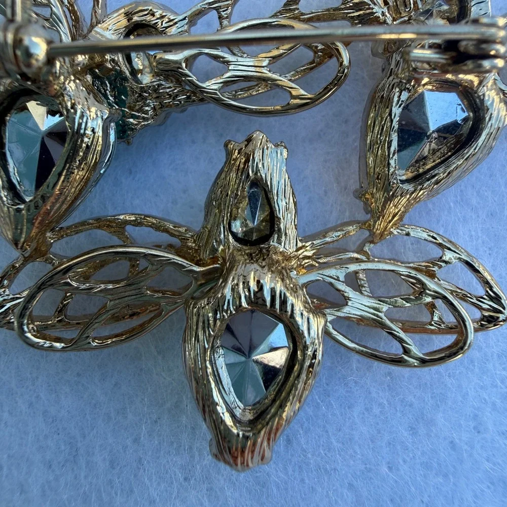 Large Triple Dragonfly Brooch Gold Tone Multicolor Rhinestone Statement Pin